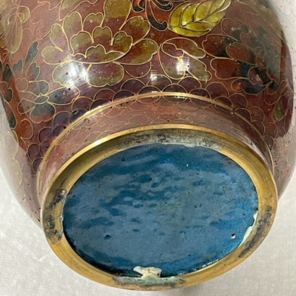 Very large Vintage Chinese brass and cloisonne vase in browns and rust - Picture 7 of 8